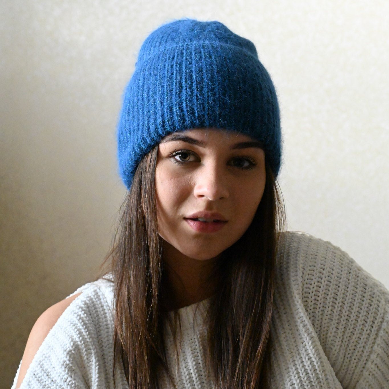 Warm, Soft and Fluffy Angora Beanie, mini sequins, blue