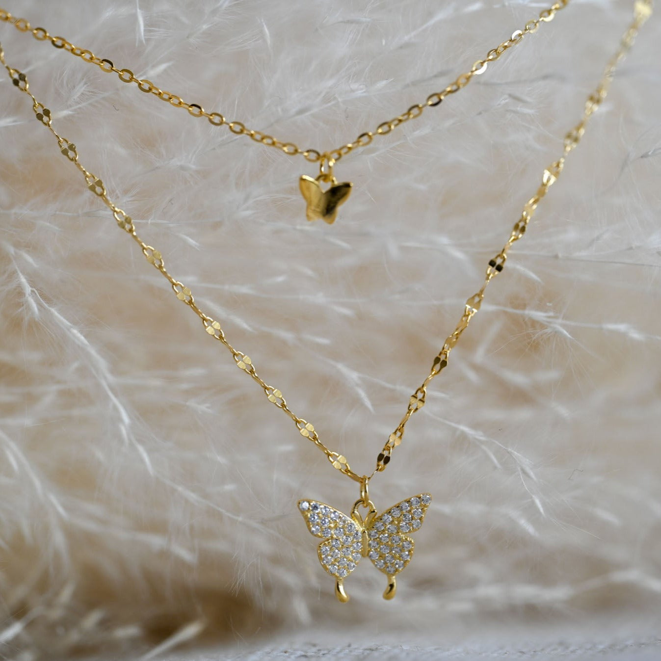 Double Necklace Small Butterflies Rose Gold
