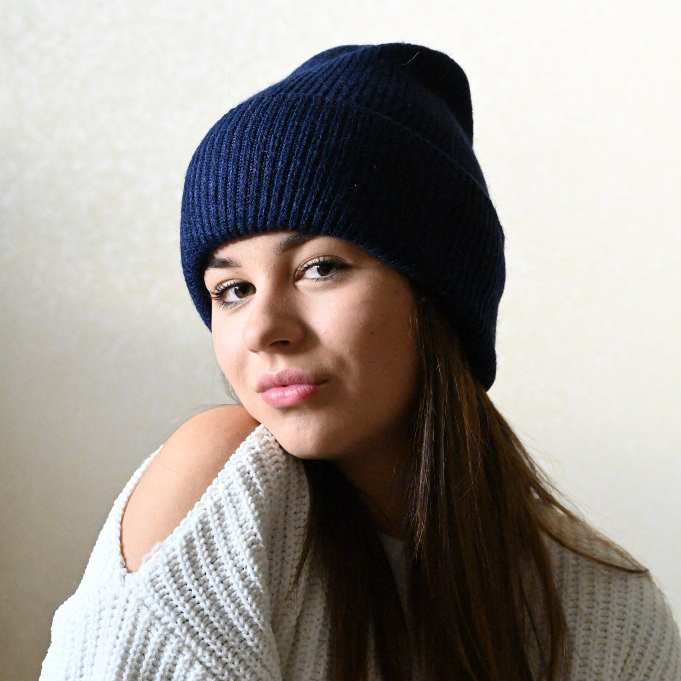 Warm, soft and fluffy Angora Beanie, dark blue