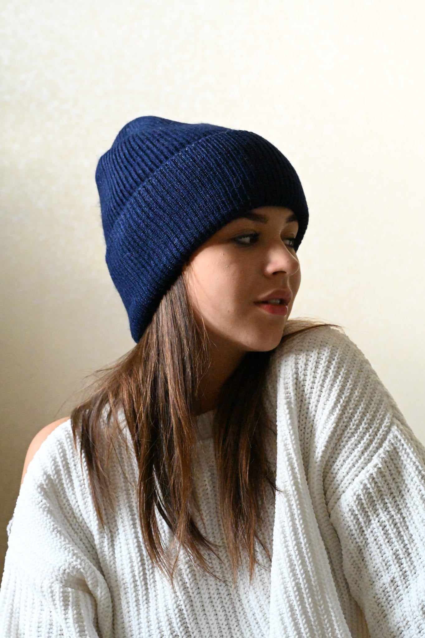 Warm, soft and fluffy Angora Beanie, dark blue