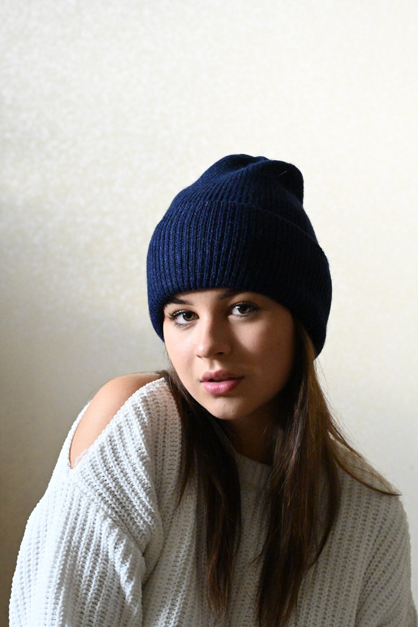 Warm, soft and fluffy Angora Beanie, dark blue