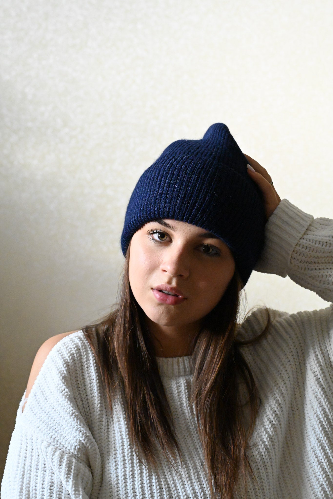 Warm, soft and fluffy Angora Beanie, dark blue