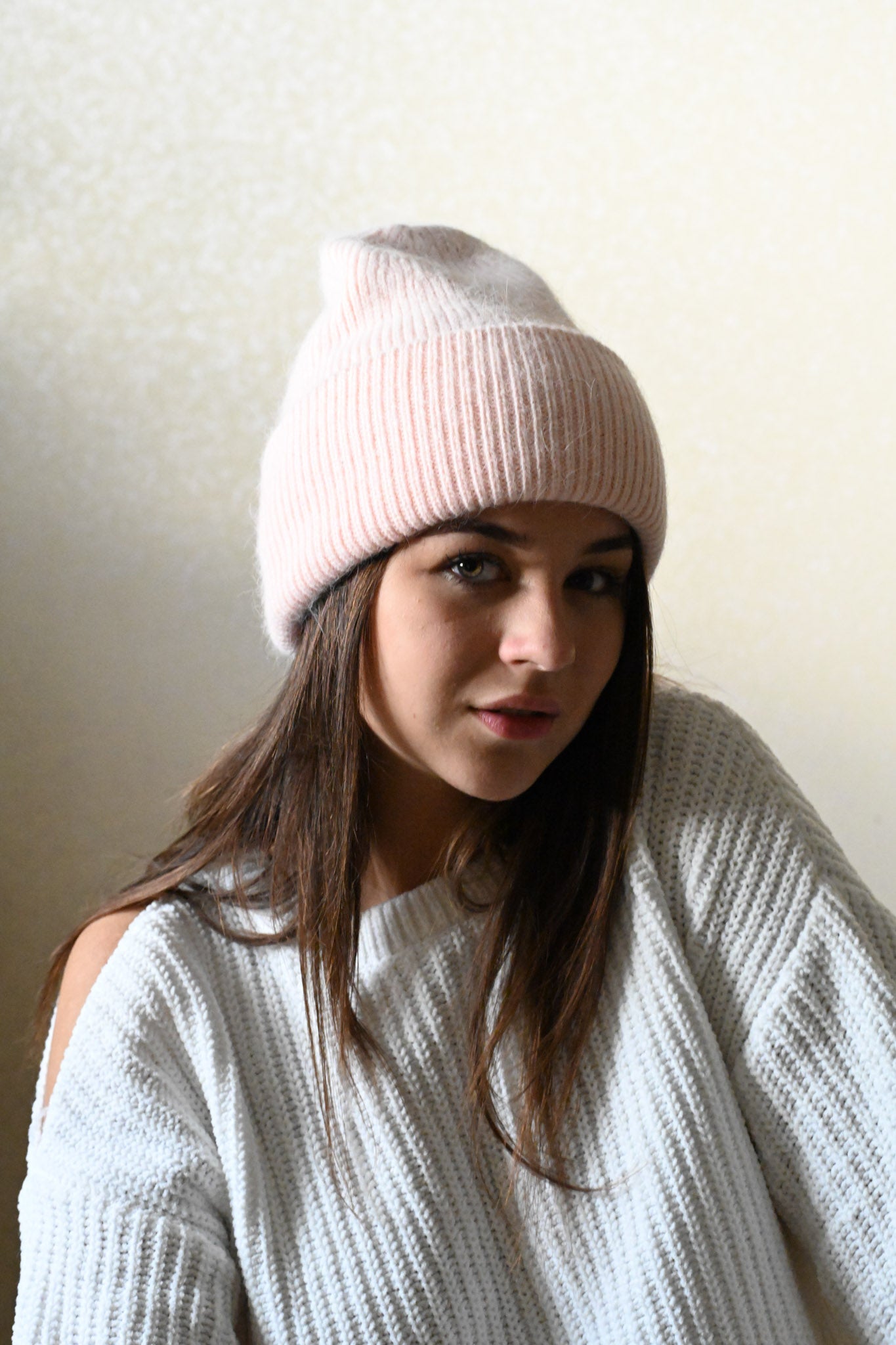Warm, soft and fluffy Angora Beanie, light pink