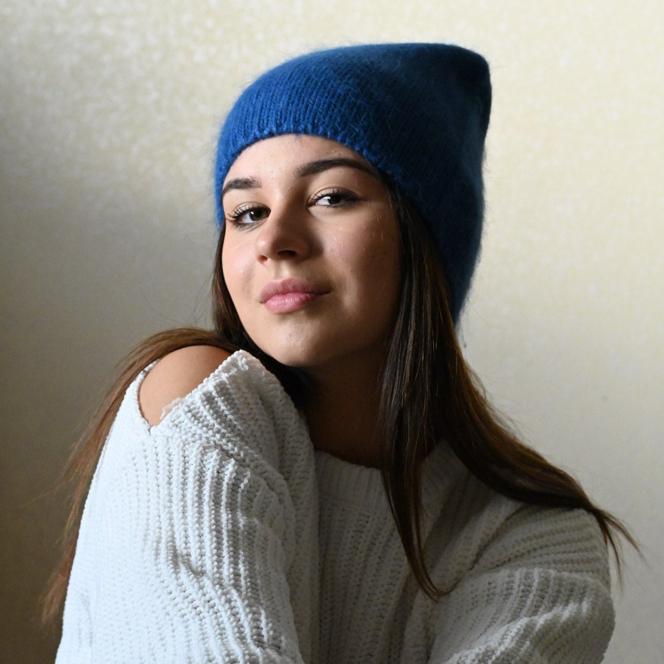 Thin soft beanie made of Angora wool, blue