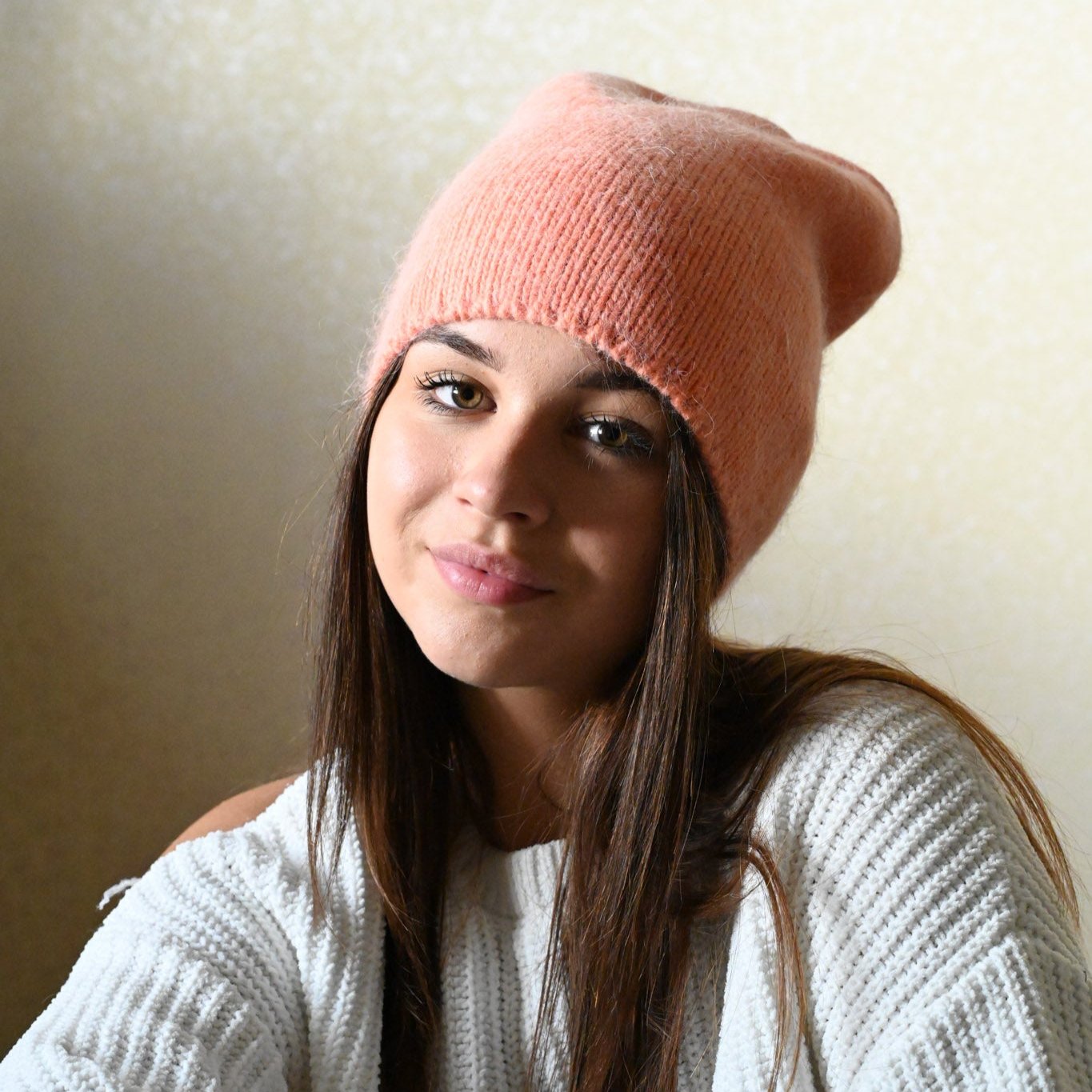 Thin soft beanie made of Angora wool, orange