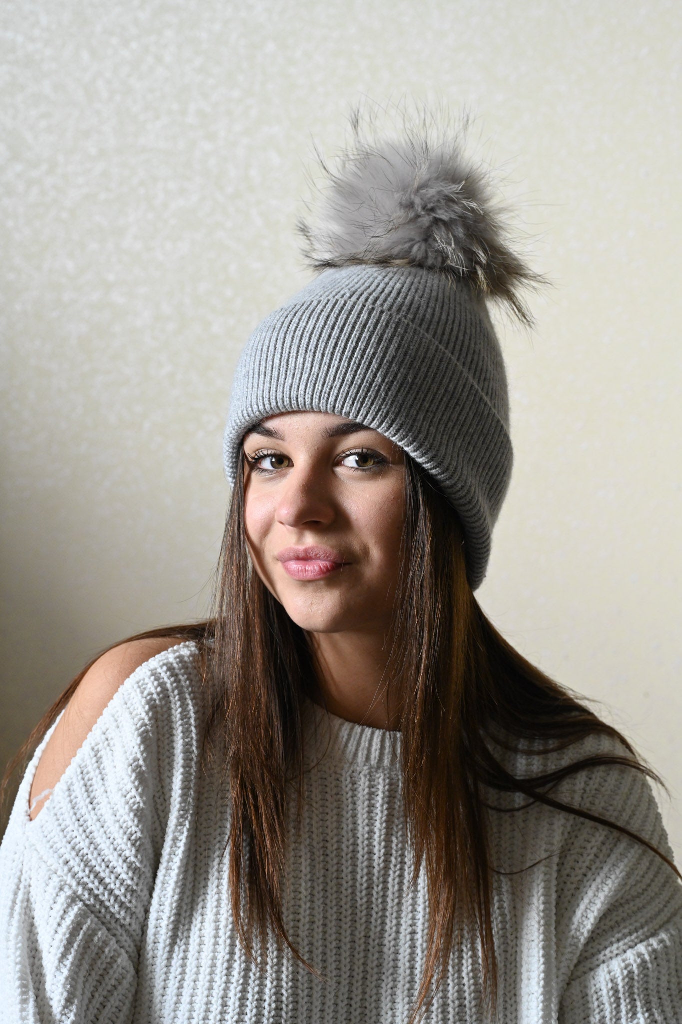 Cashmere and merino wool warm winter hat, fur pompom grey