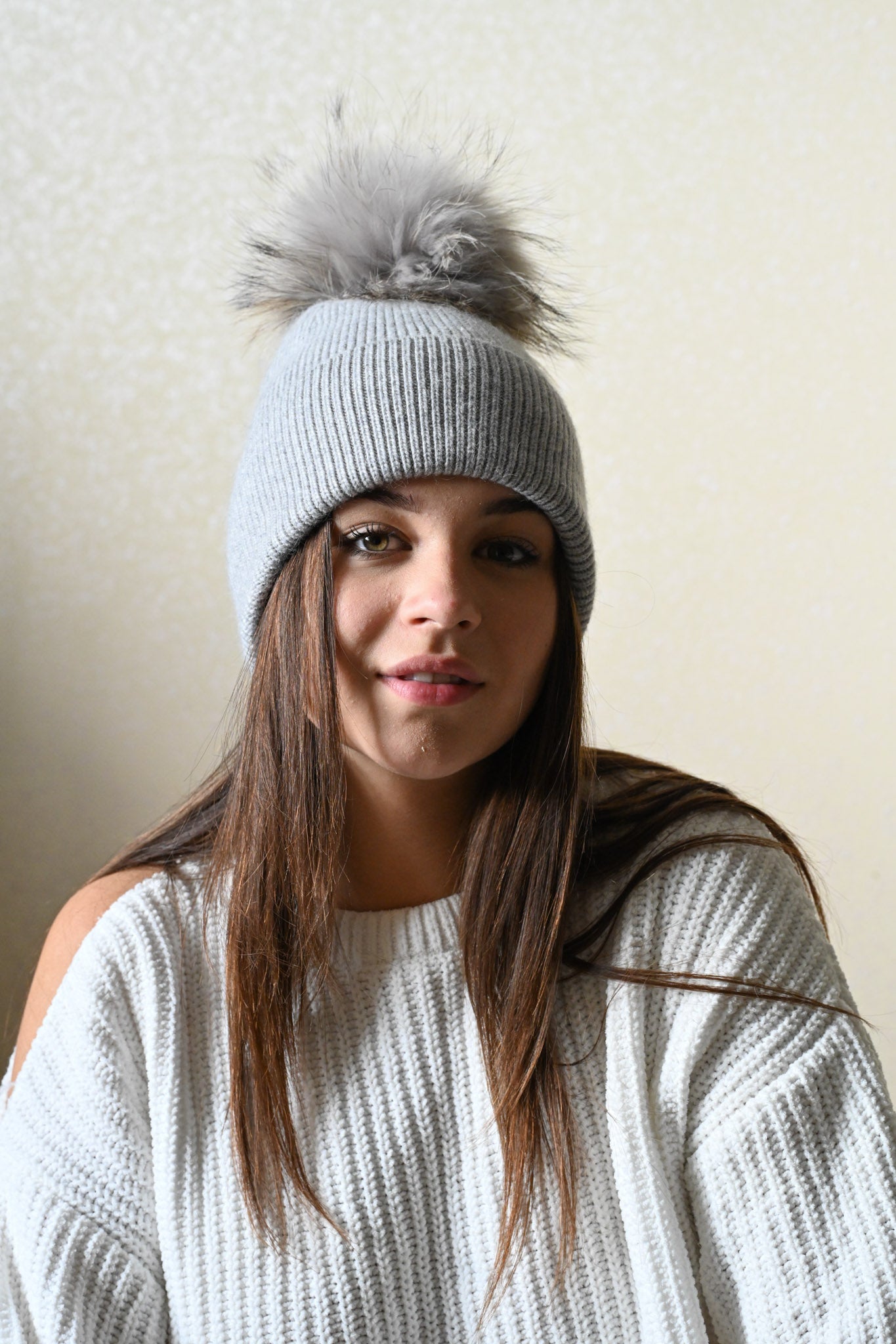 Cashmere and merino wool warm winter hat, fur pompom grey