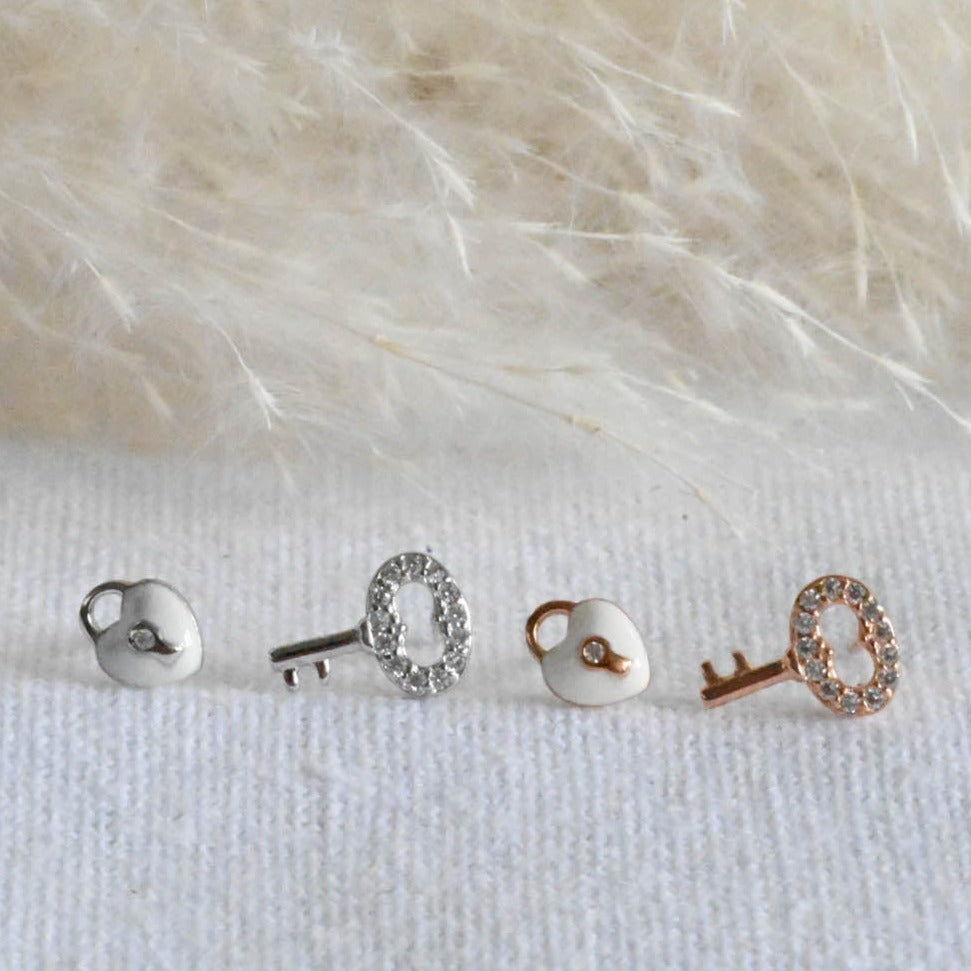 Small stud earrings lock and key, 925 silver, rose gold, enamel