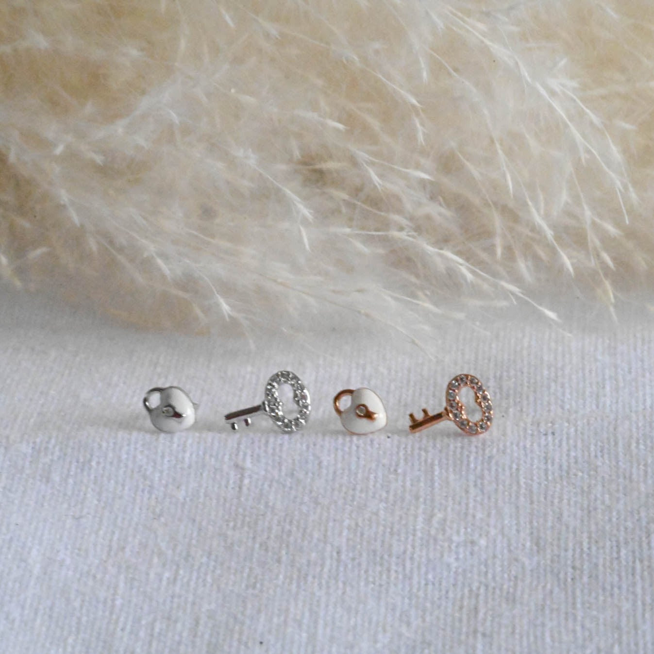 Small stud earrings lock and key, 925 silver, rose gold, enamel