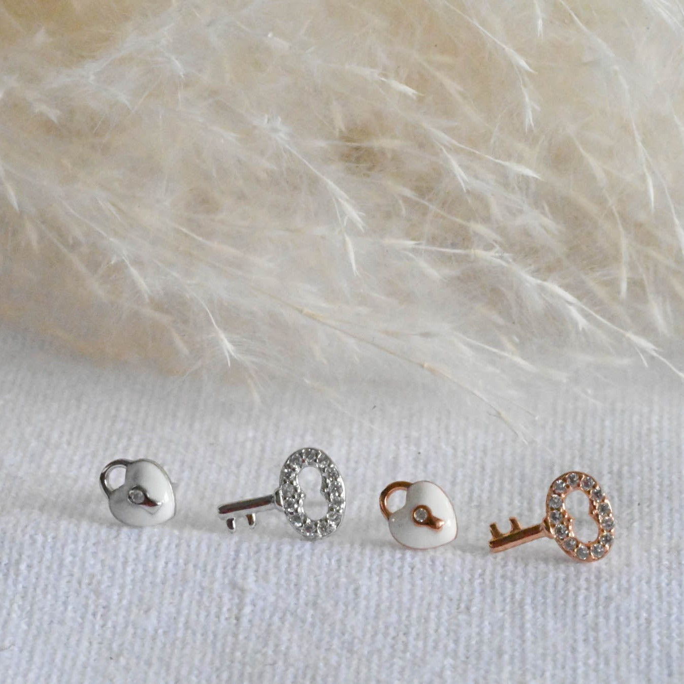 Small stud earrings lock and key, 925 silver, rose gold, enamel