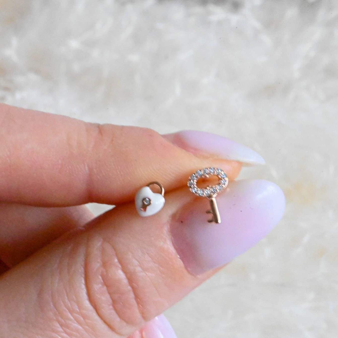 Small stud earrings lock and key, 925 silver, rose gold, enamel