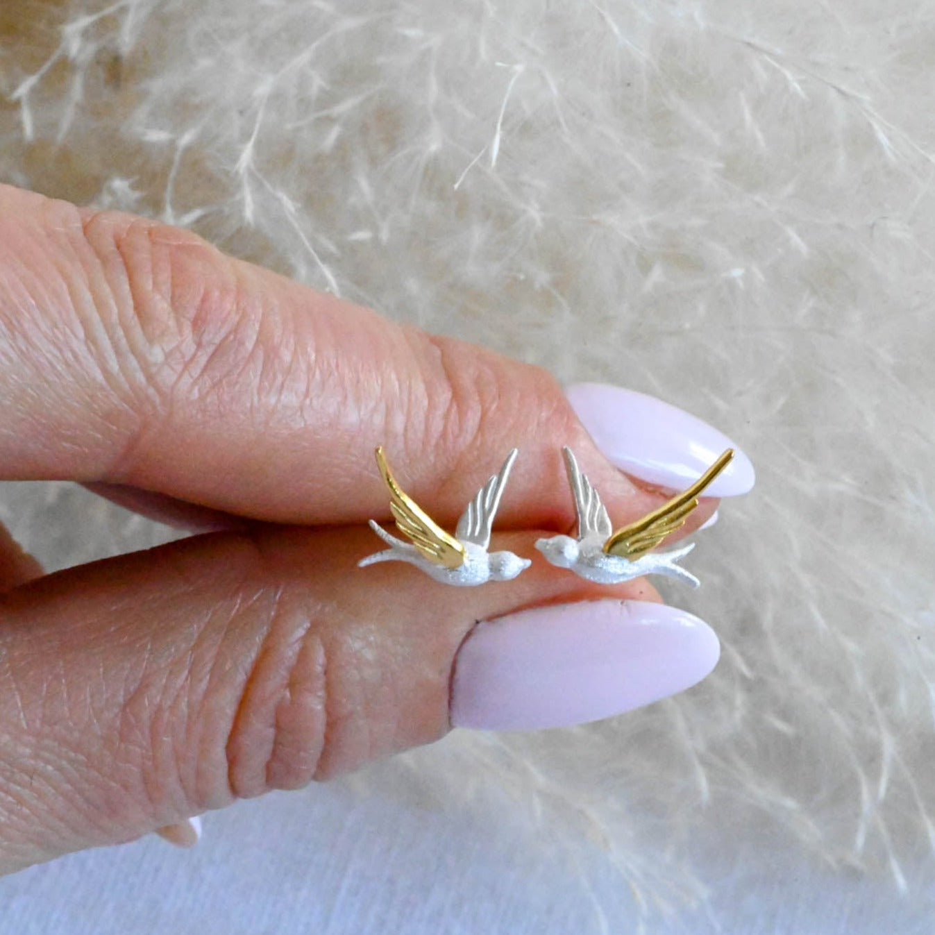 Handmade earrings "Swallow of Freedom", 925 silver, 18K gold