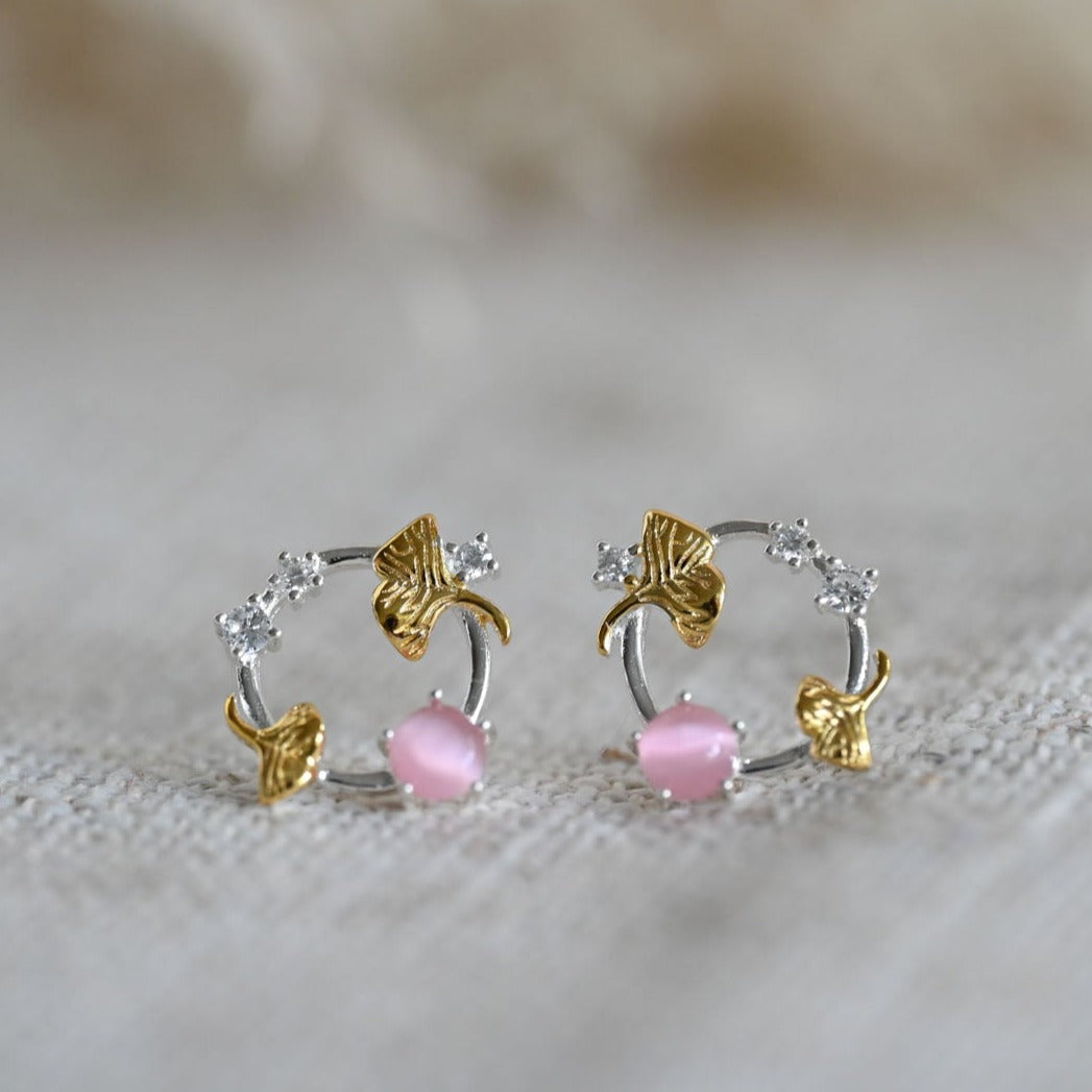 Wreath stud earrings pink opal