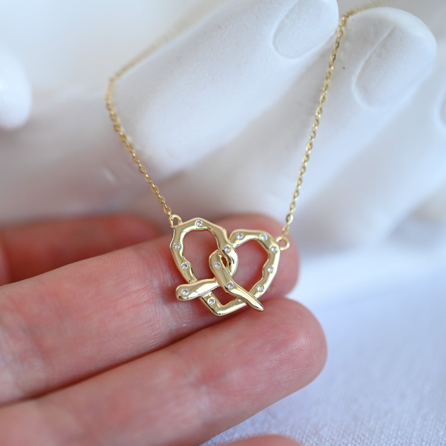 Kette mit Anhänger große Breze Zirkon Halskette, 925 Sterling Silber 14K Gold