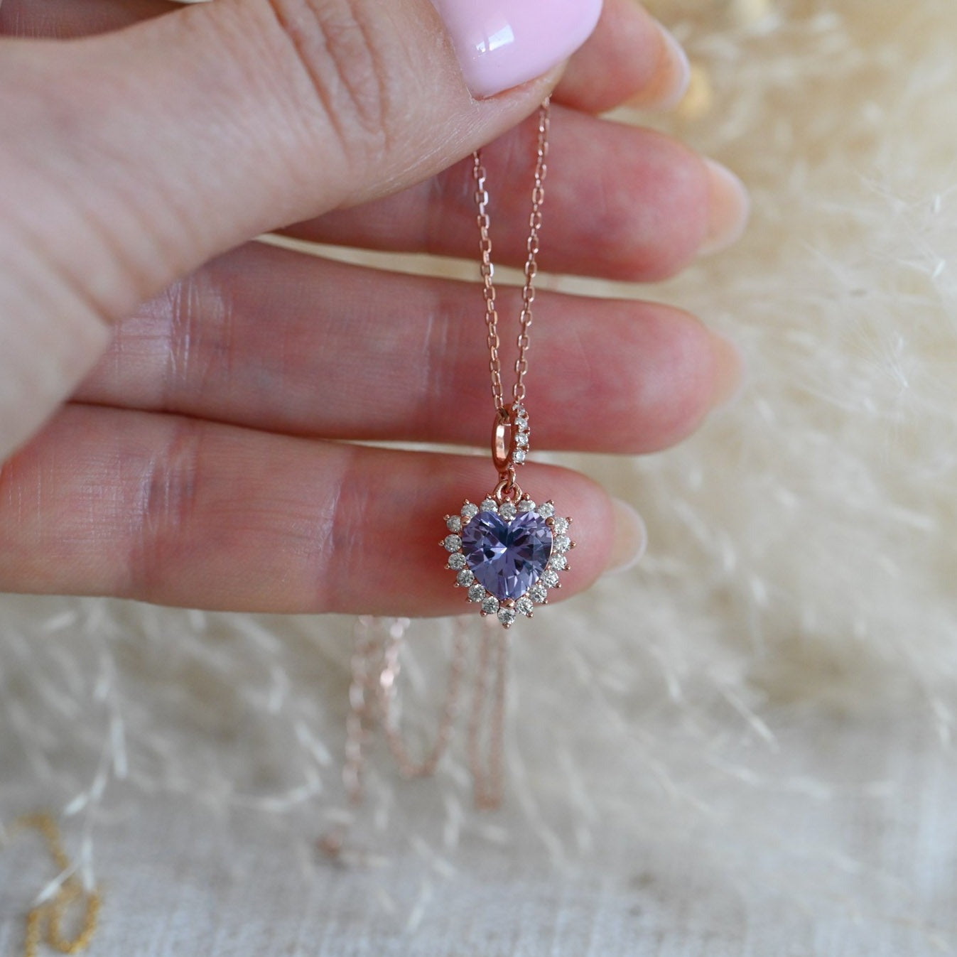 Delicate Minimalist Necklace Heart with Alexandrite, 925 Silver, 18K Gold, Rose Gold