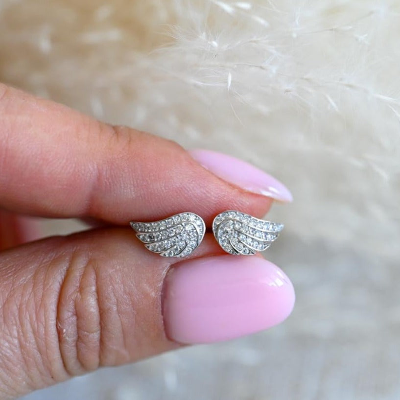 Stud earrings "Angel Wings" with zircon, 925 silver