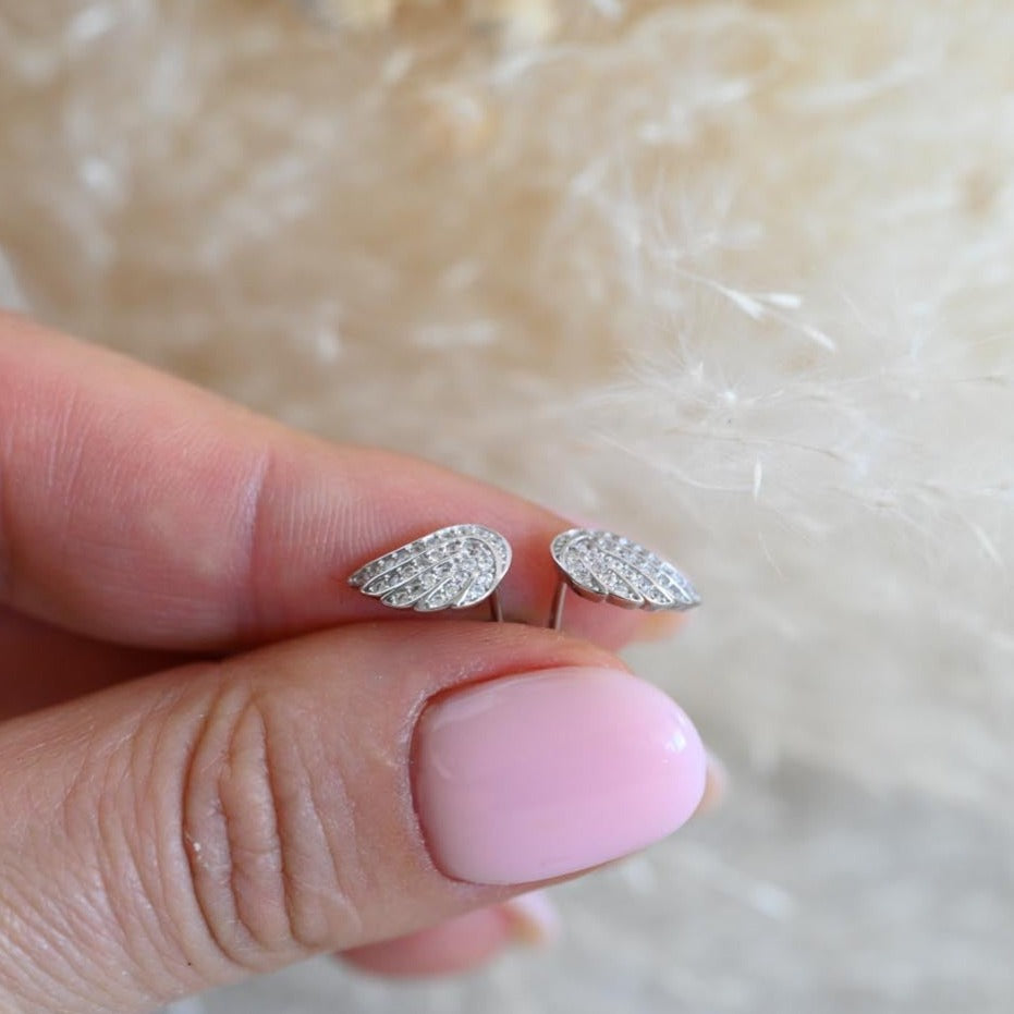 Stud earrings "Angel Wings" with zircon, 925 silver