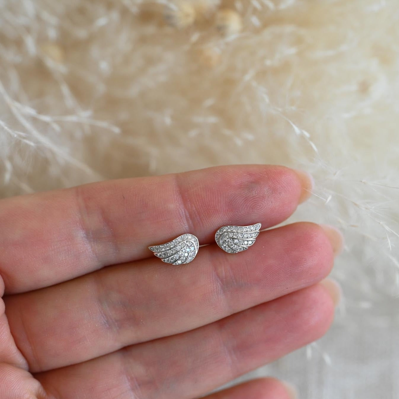 Stud earrings "Angel Wings" with zircon, 925 silver