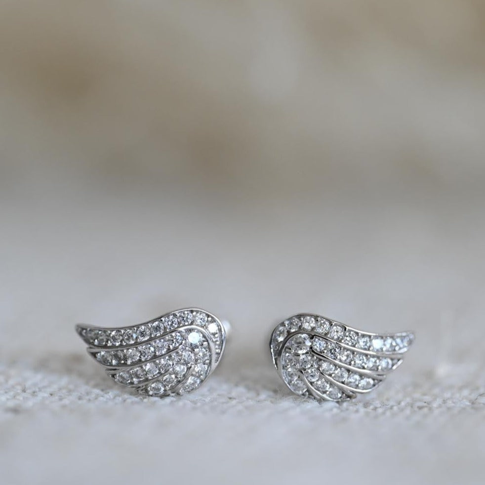 Stud earrings "Angel Wings" with zircon, 925 silver
