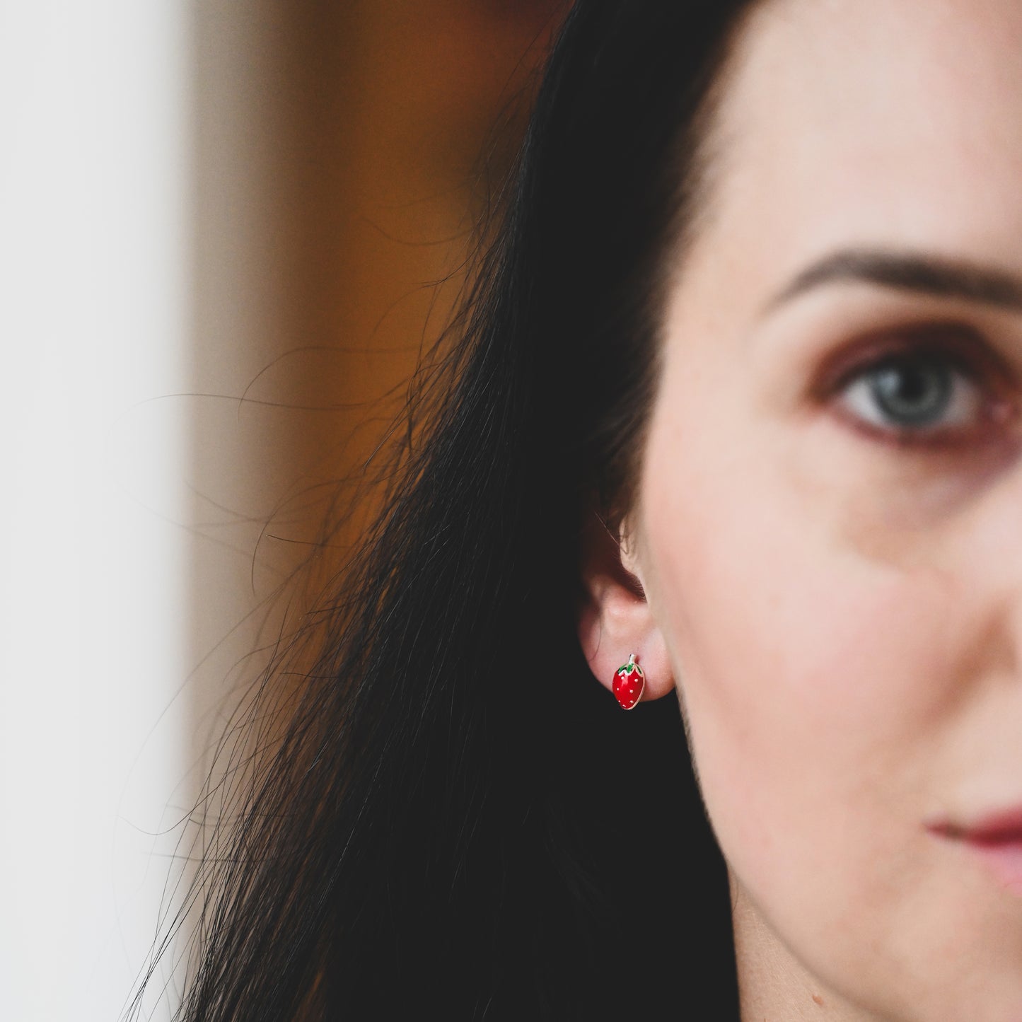 Handmade strawberry stud earrings, 925 Sterling silver, enamel