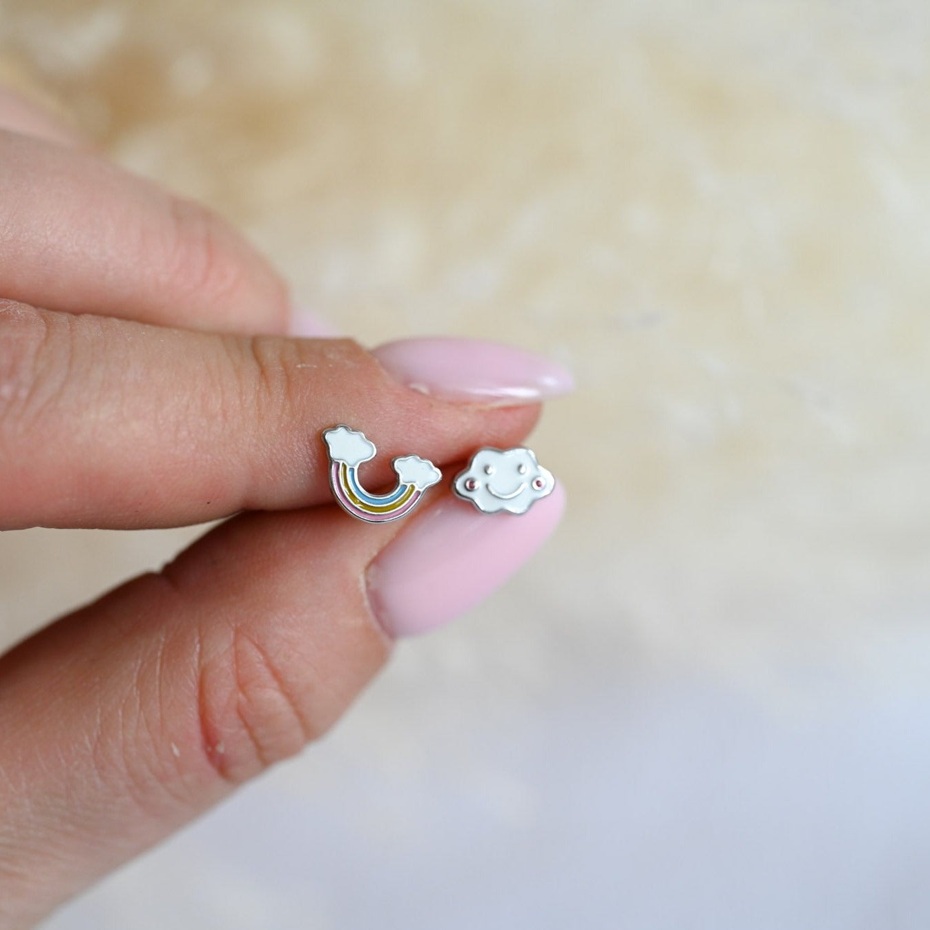 Rainbow and cloud girl earrings, 925 silver enameled