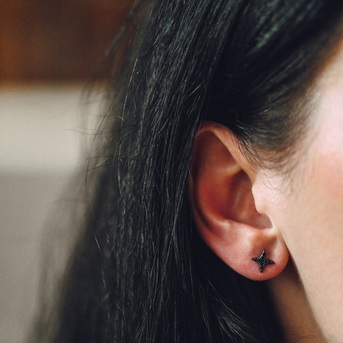 Black Star Stud Earrings, 925 Sterling Silver, Zircon