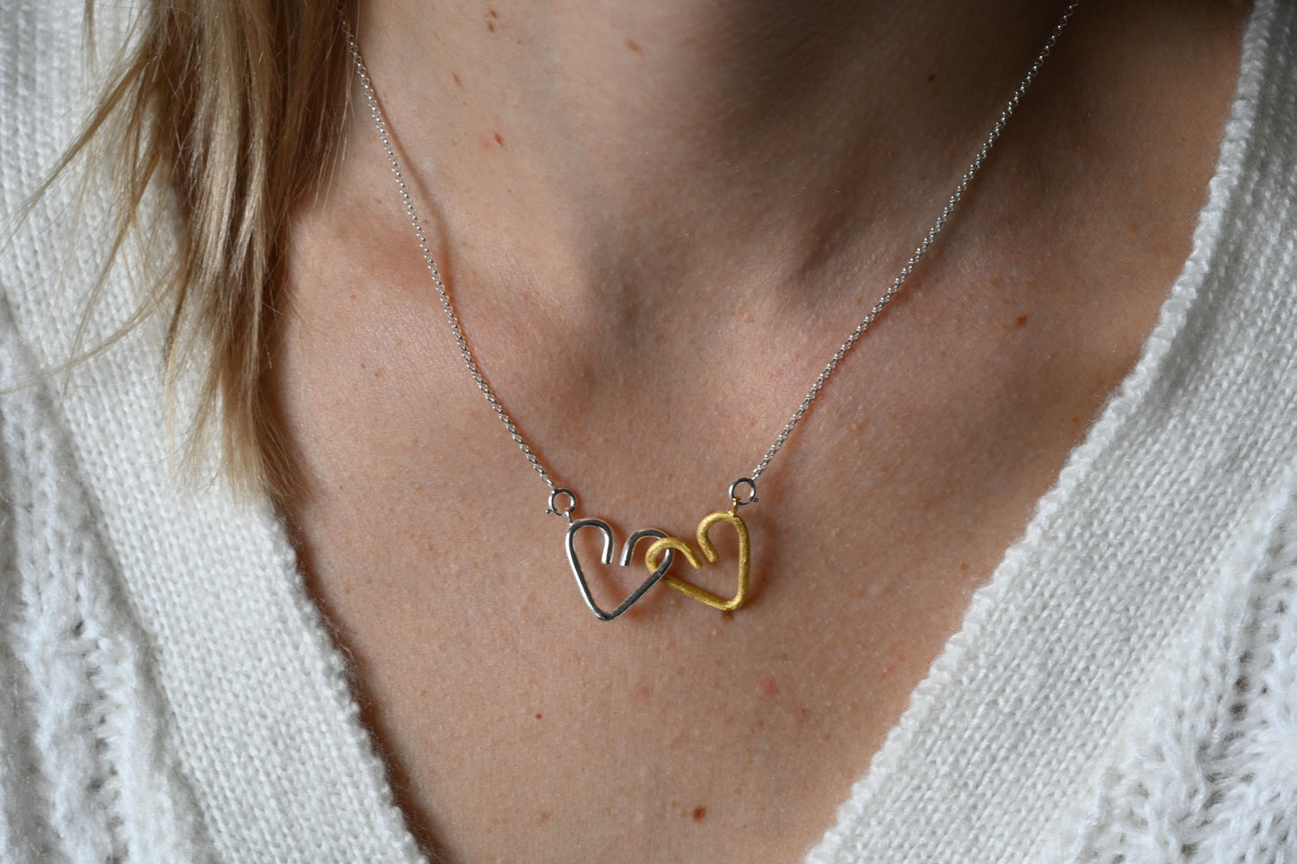 Handmade necklace "Two connected hearts" 925 silver, 18K gold