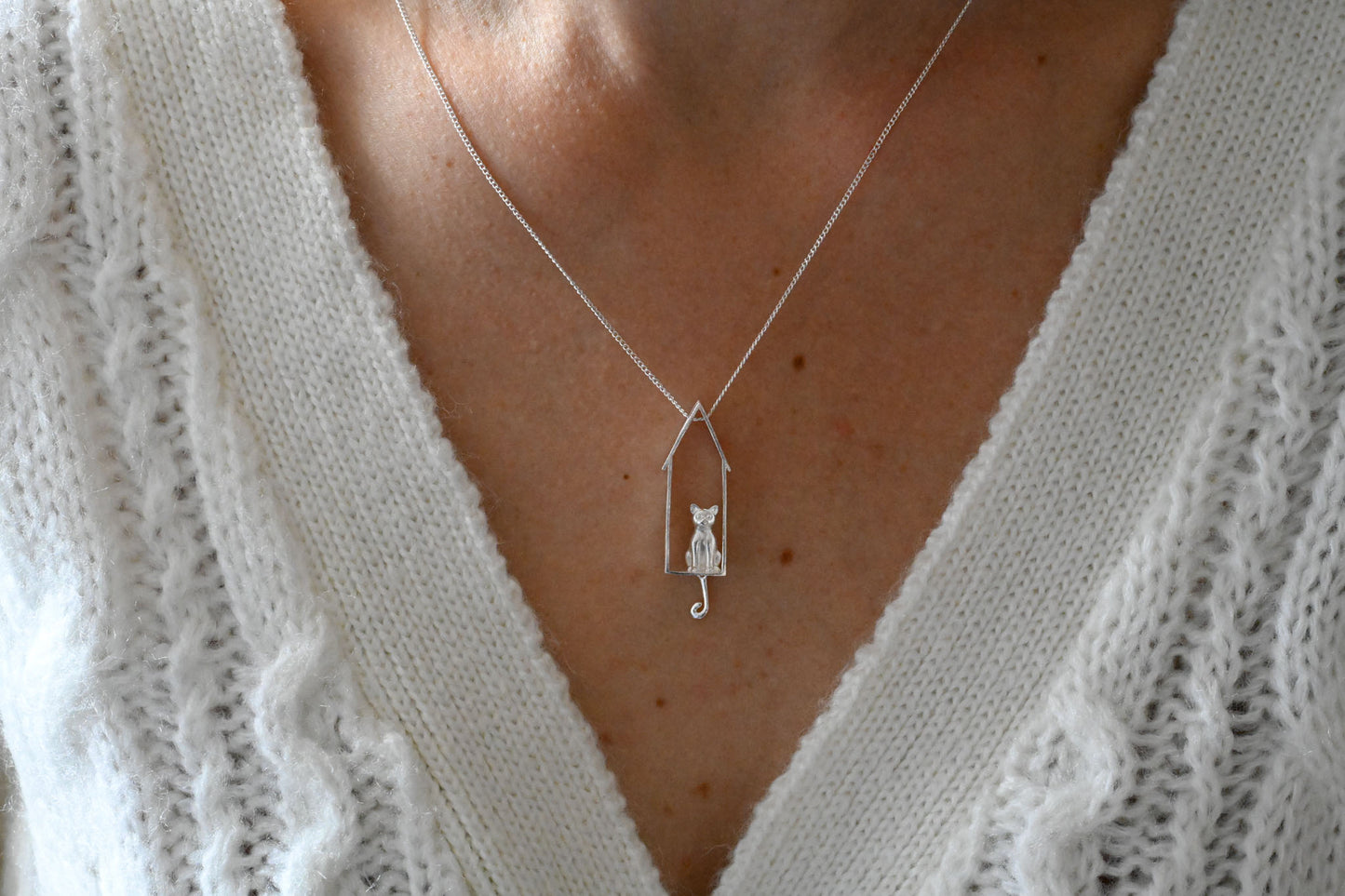 Handmade necklace cat in the house, 925 silver, 18K gold