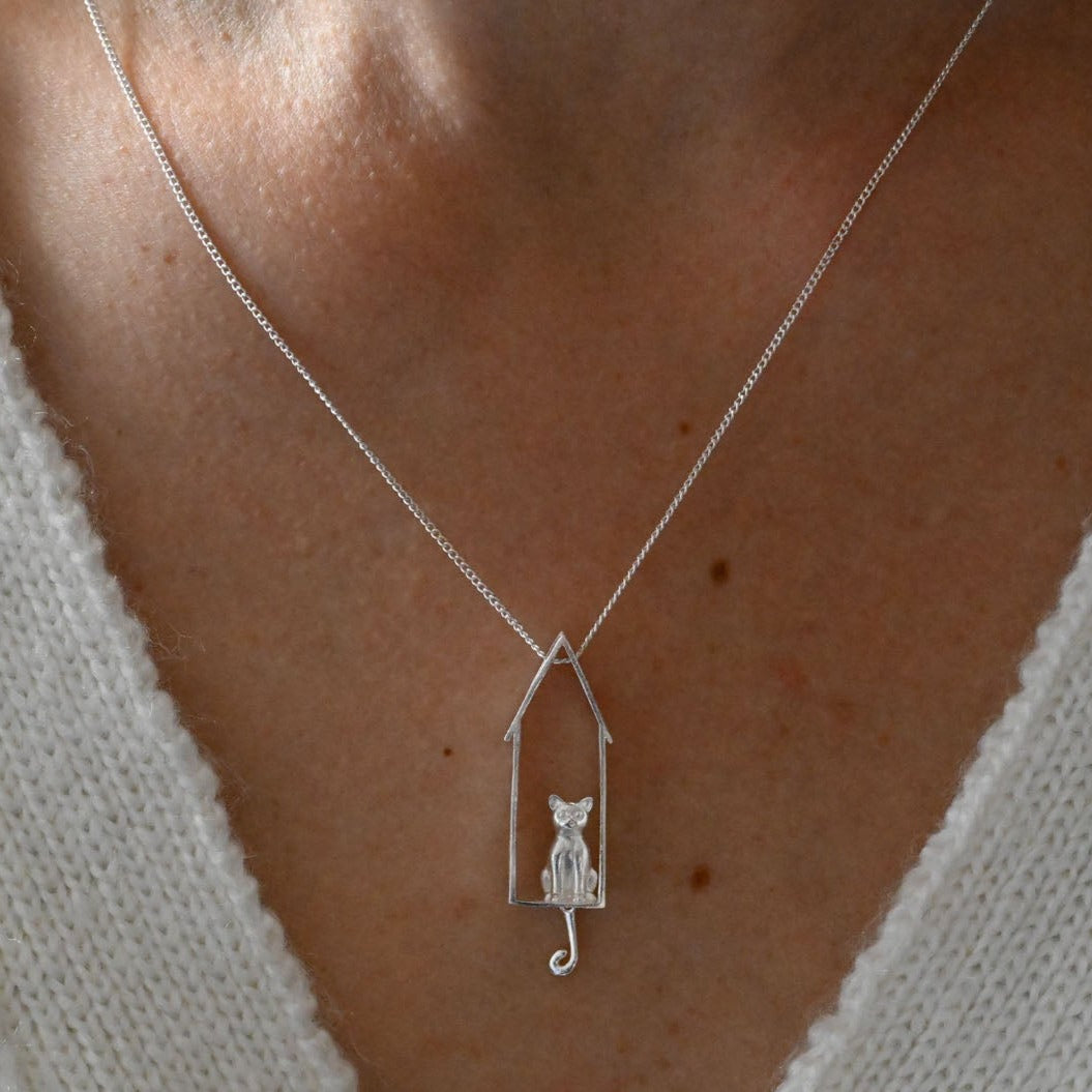 Handmade necklace cat in the house, 925 silver, 18K gold