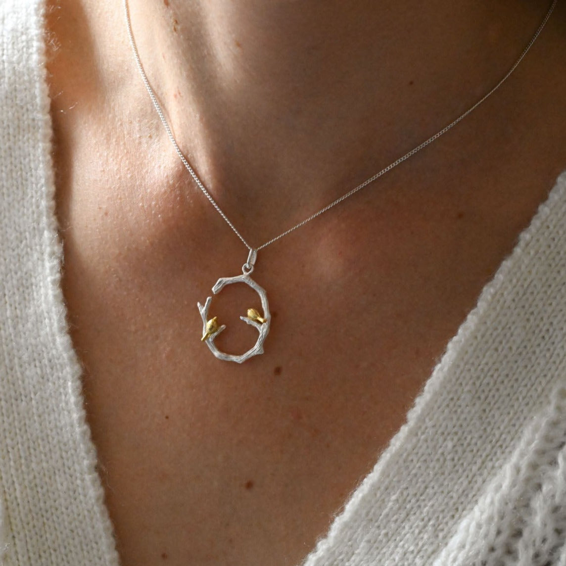 Handmade necklace "Two birds on a branch"