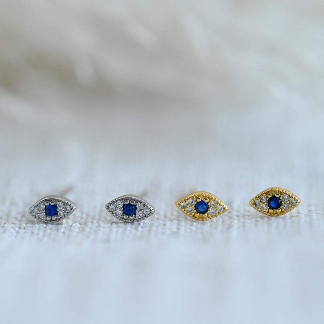 Small Evil Eye Stud Earrings, 925 Sterling Silver, 18K Gold