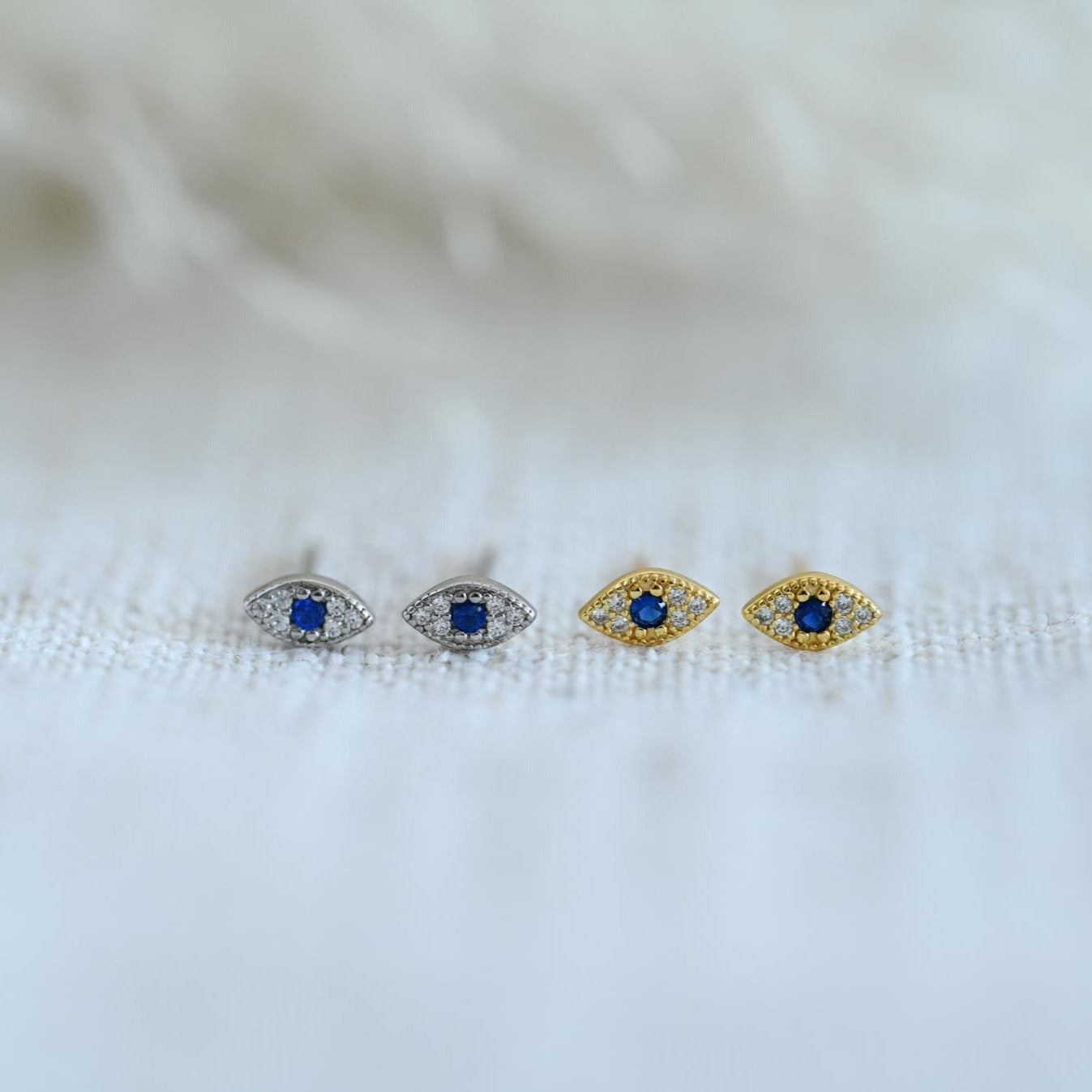 Small Evil Eye Stud Earrings, 925 Sterling Silver, 18K Gold