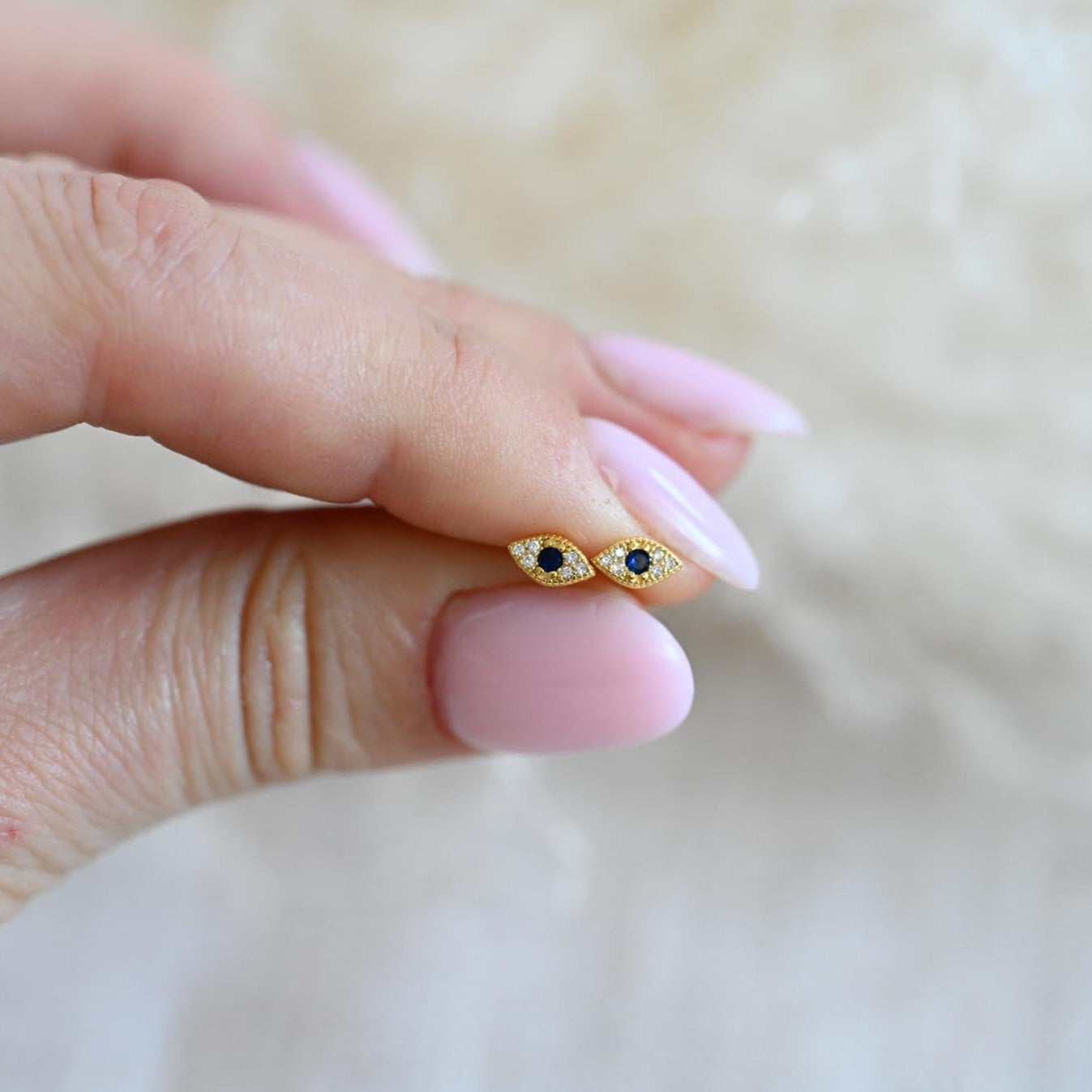 Small Evil Eye Stud Earrings, 925 Sterling Silver, 18K Gold