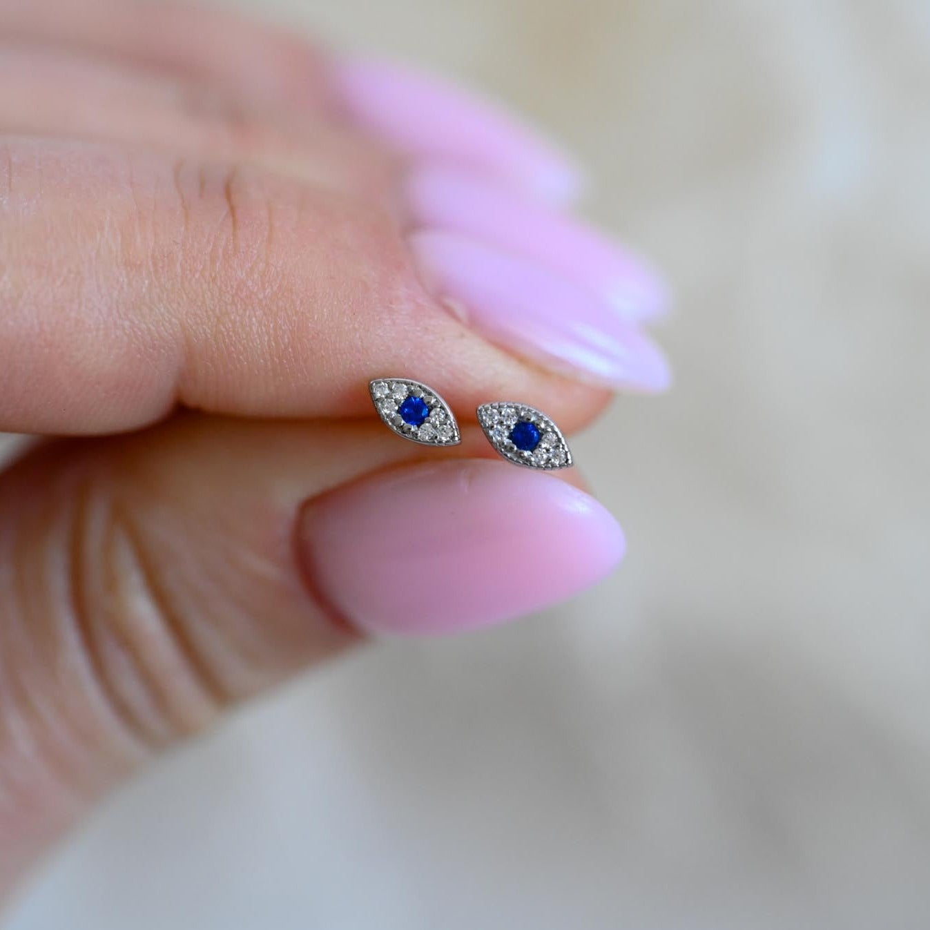 Small Evil Eye Stud Earrings, 925 Sterling Silver, 18K Gold