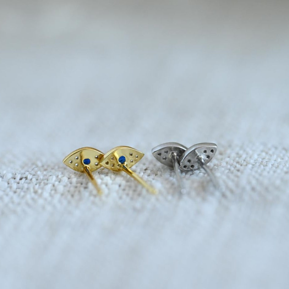 Small Evil Eye Stud Earrings, 925 Sterling Silver, 18K Gold