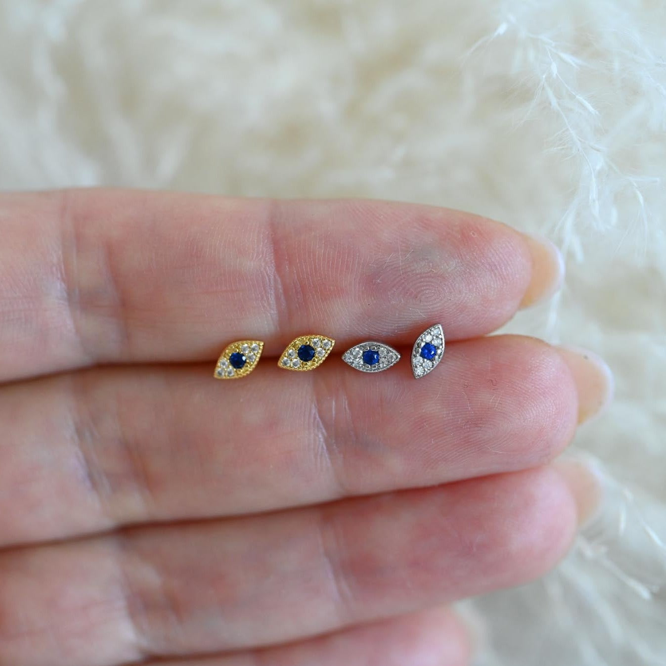 Small Evil Eye Stud Earrings, 925 Sterling Silver, 18K Gold