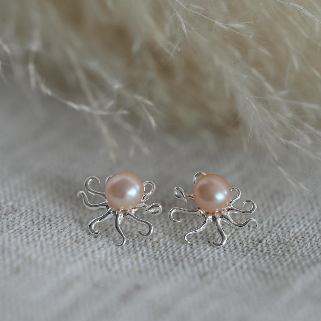Octopus with Pearl Earrings, 925 Silver, 18K Gold