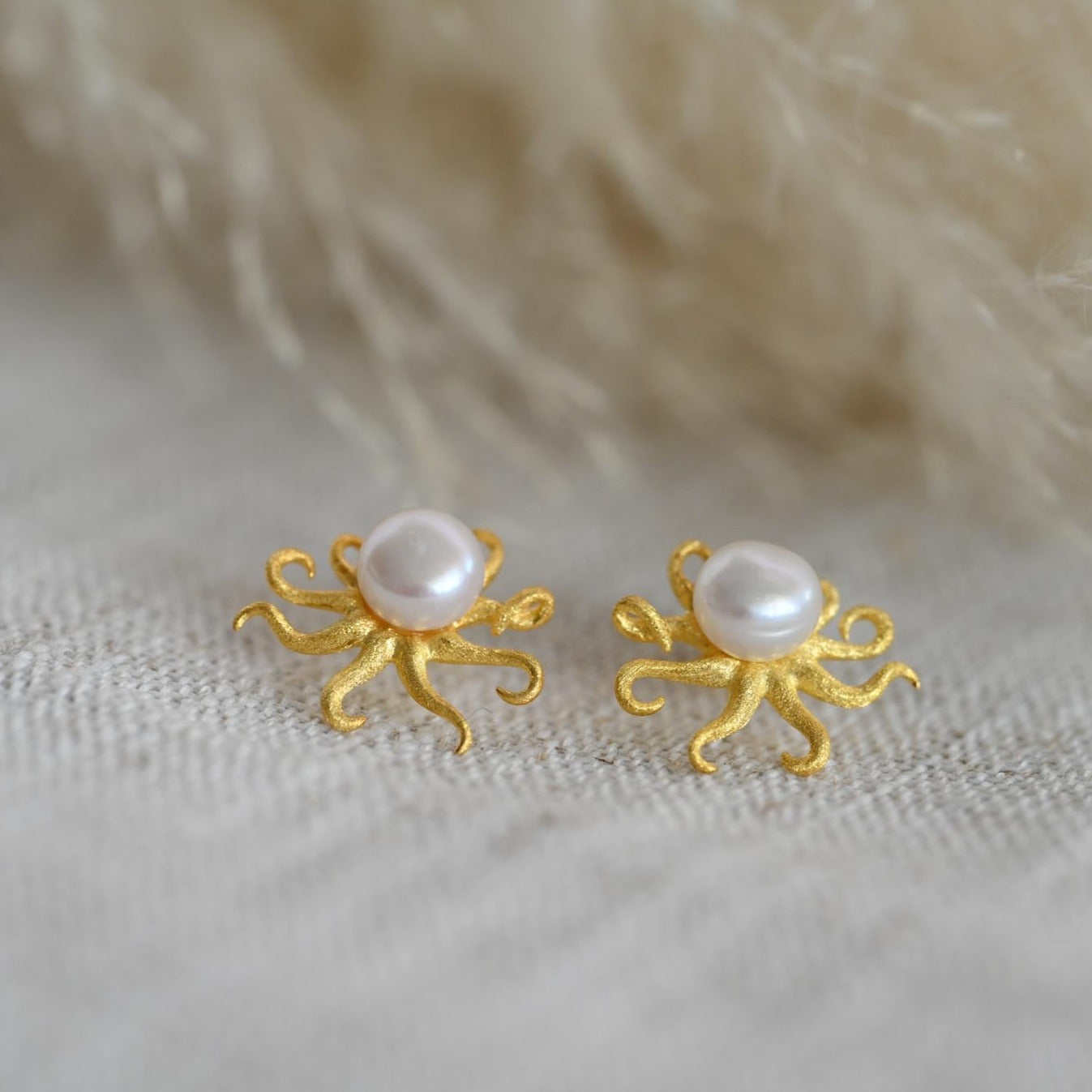 Octopus with Pearl Earrings, 925 Silver, 18K Gold
