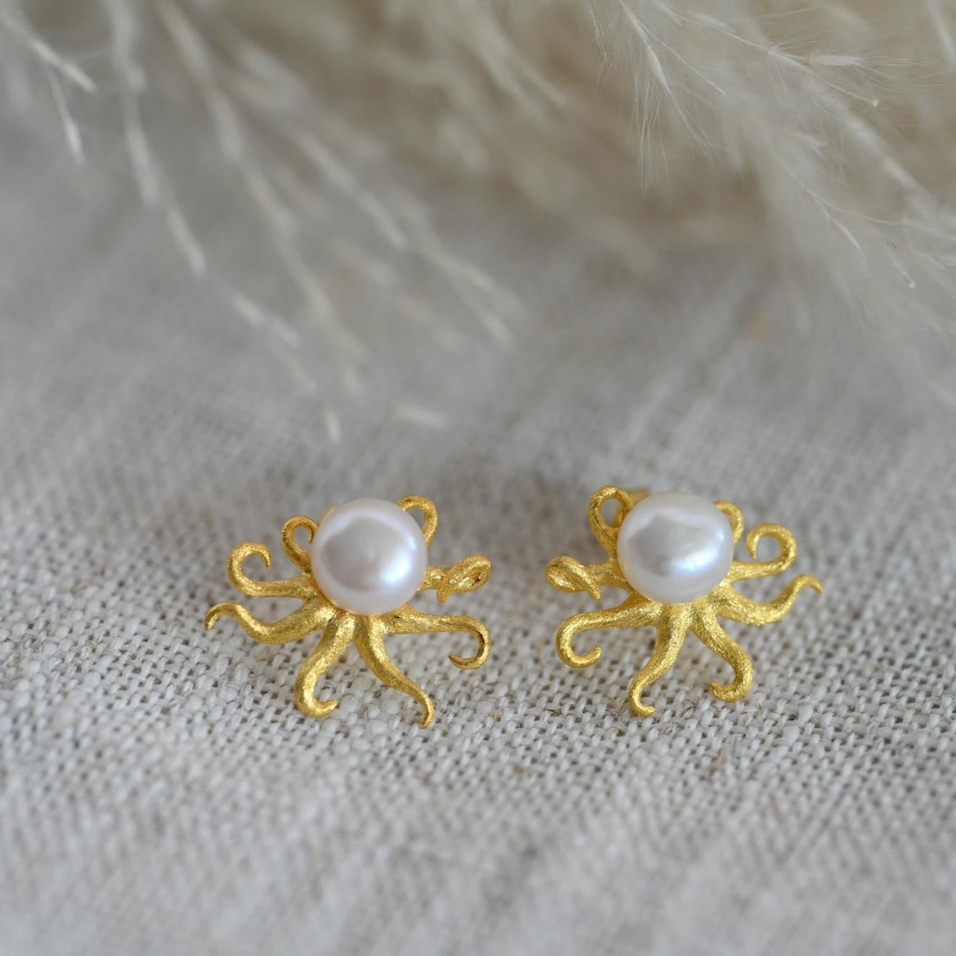Octopus with Pearl Earrings, 925 Silver, 18K Gold