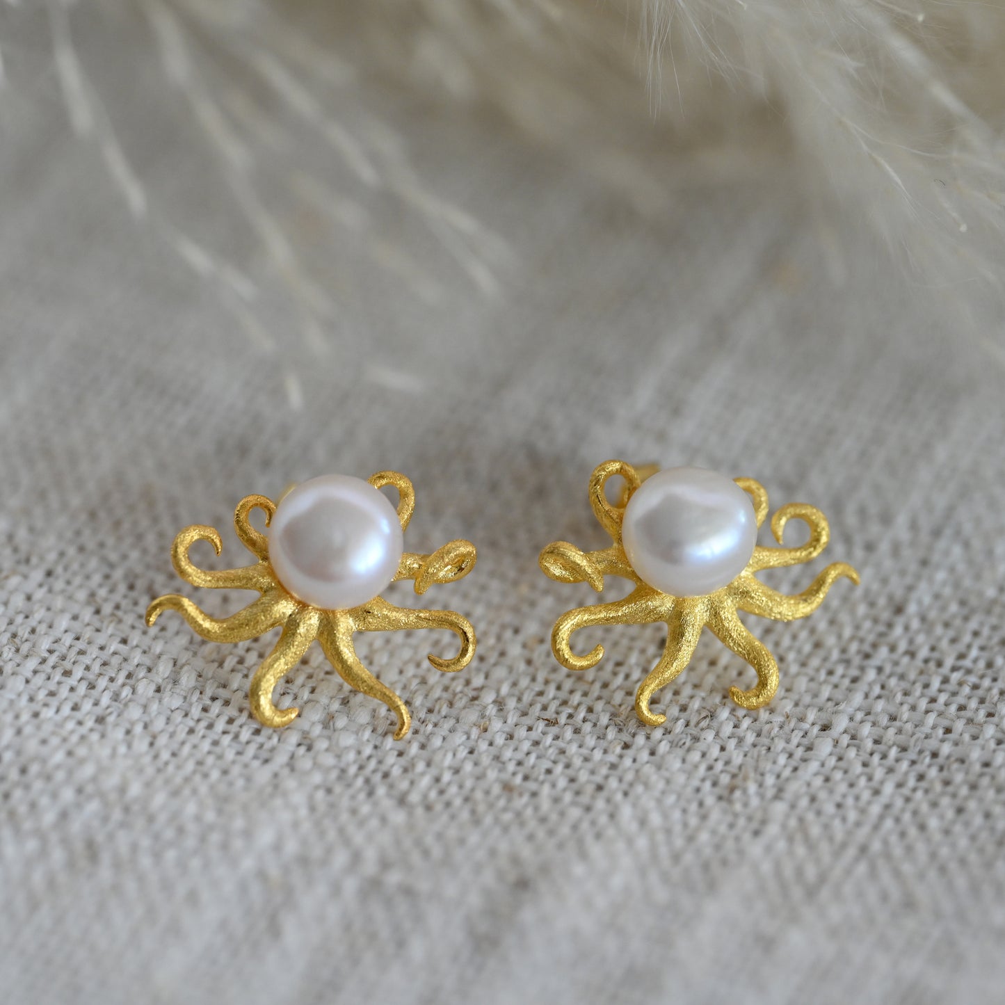 Octopus with Pearl Earrings, 925 Silver, 18K Gold