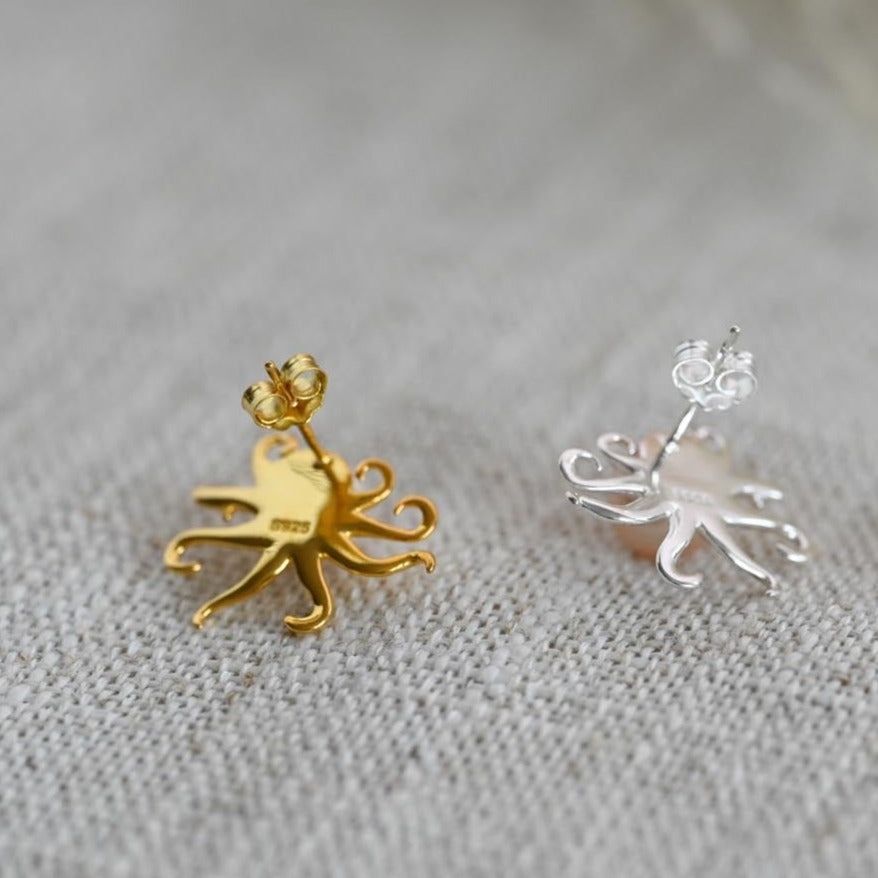 Octopus with Pearl Earrings, 925 Silver, 18K Gold