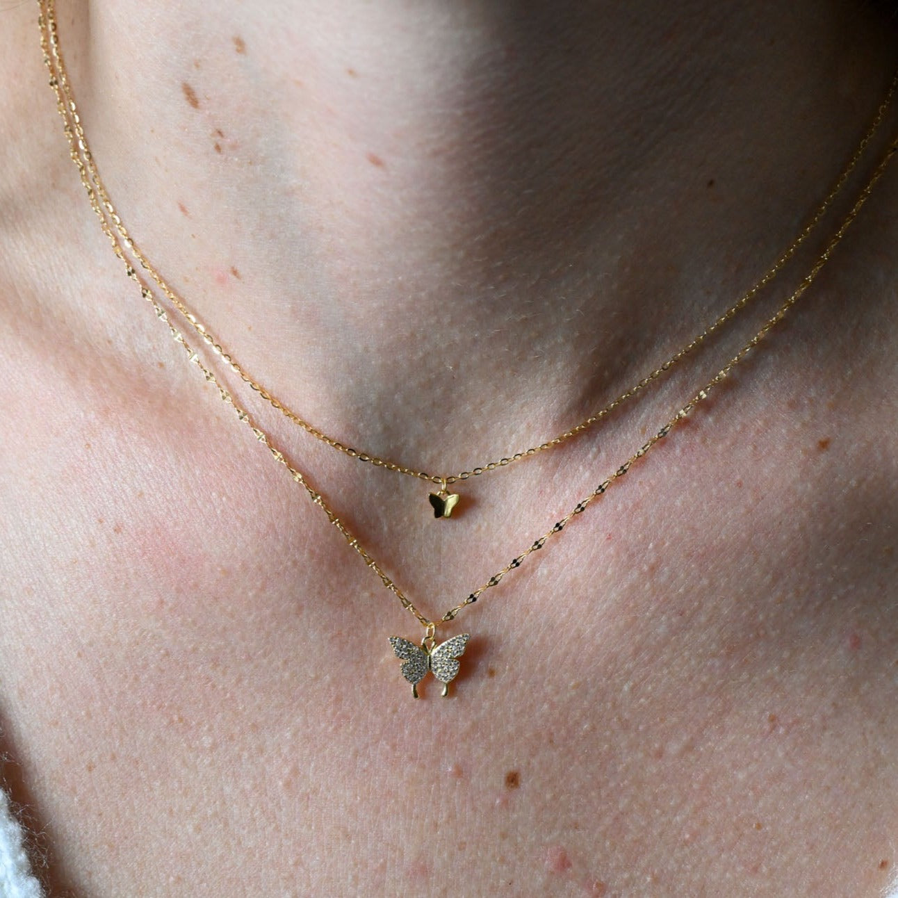 Double Necklace Small Butterflies Rose Gold