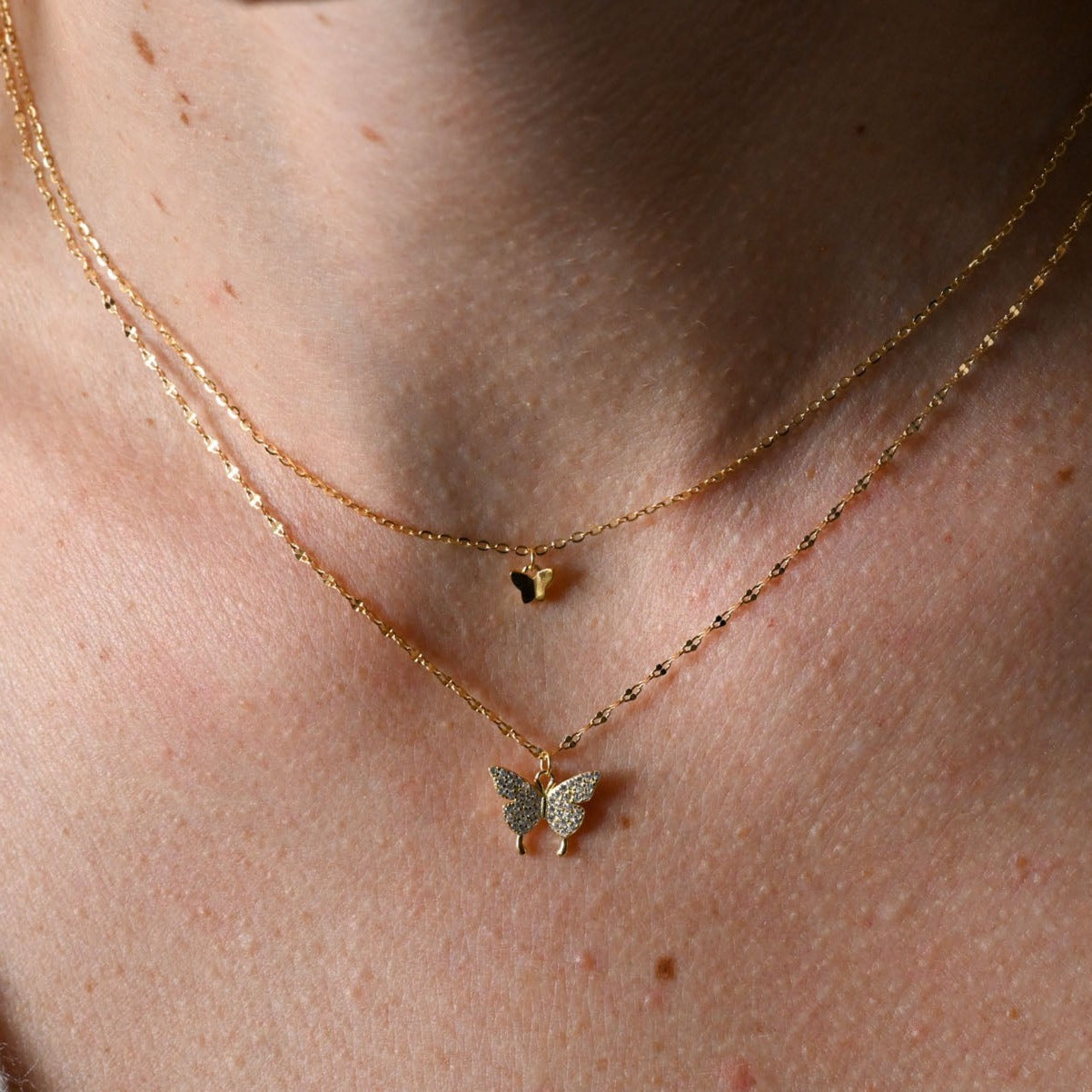 Double Necklace Small Butterflies Rose Gold