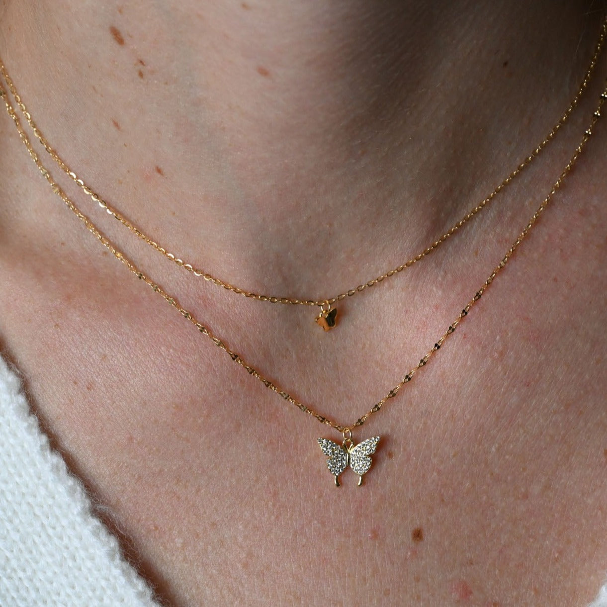 Double Necklace Small Butterflies Rose Gold