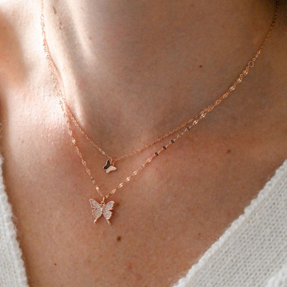 Double Necklace Small Butterflies Rose Gold