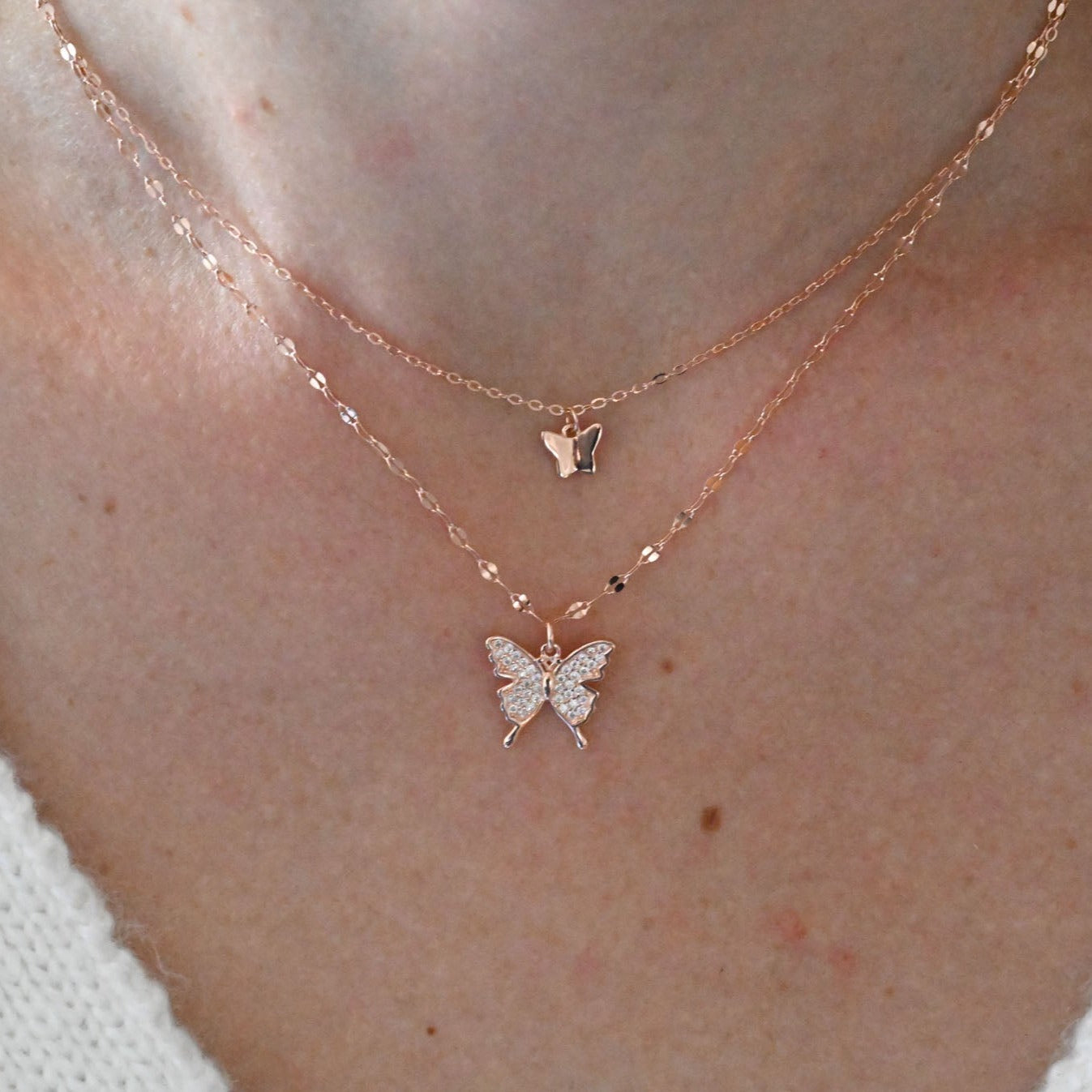Double Necklace Small Butterflies Rose Gold