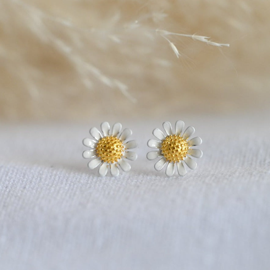 Blooming Sunflower Stud Earrings, 925 Silver, Enamel