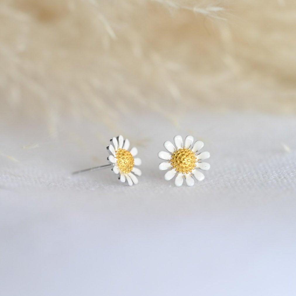 Blooming Sunflower Stud Earrings, 925 Silver, Enamel