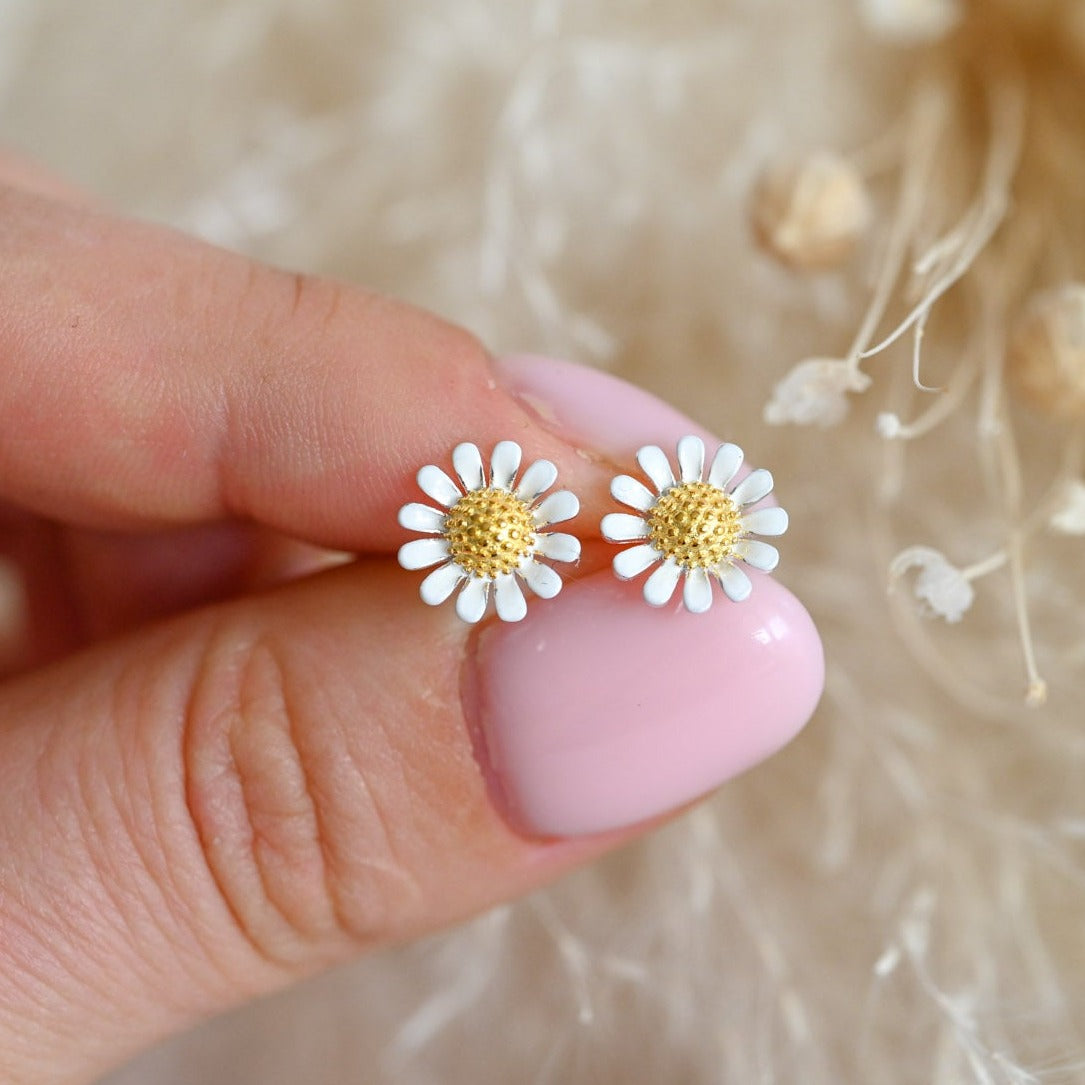 Blooming Sunflower Stud Earrings, 925 Silver, Enamel