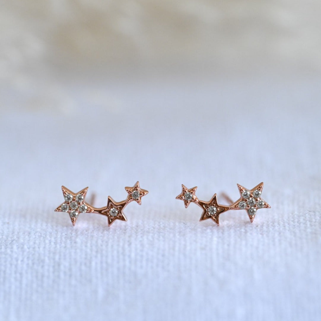 Minimalist stud earrings 3 stars, 925 silver, rose gold
